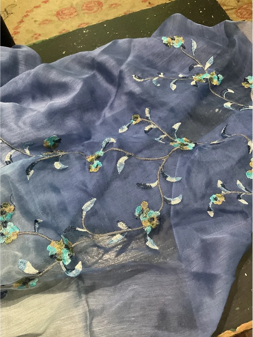 Light Blue to Navy Ombre Sheer Scarf/ Shawl with Floral Embroidery